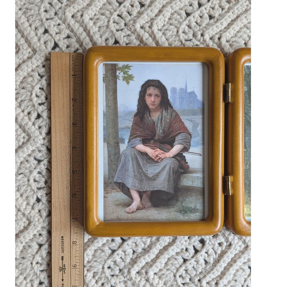 Vintage Wood Folding Double Picture Frame Bouguereau Corot Art‎ Prints 8x5.5